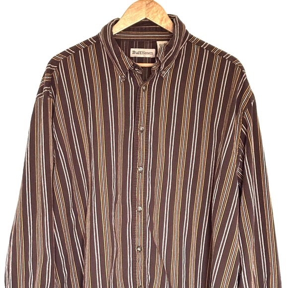 Ruff Hewn Shirt Men's XXL Brown Striped Cotton Long Sleeve Button Up Collar Top - Picture 3 of 10